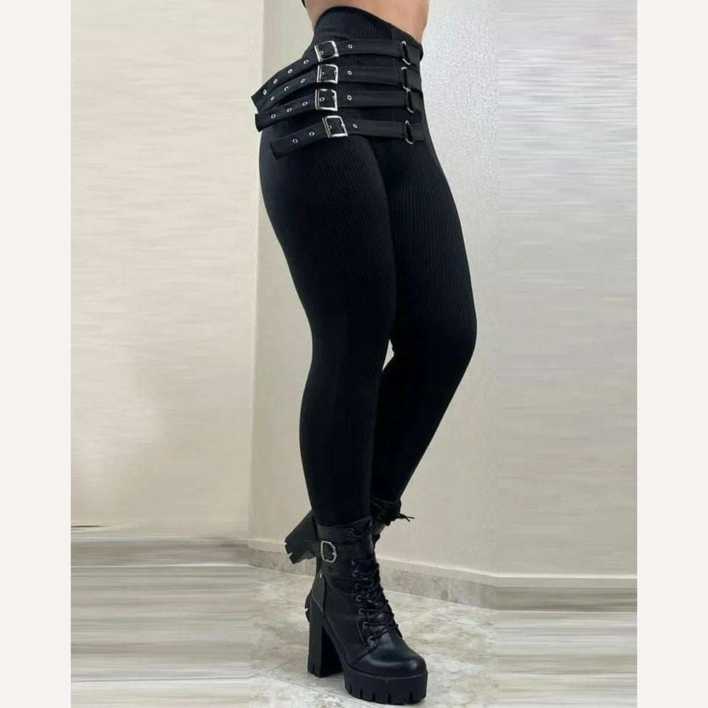 Women High Waist Buckled Belt Skinny Pants Pencil Slim Fashion Casual Sexy Leggings Pants Trousers Y2k - KIMLUD