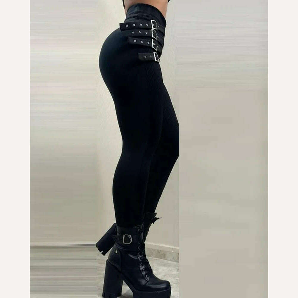 Women High Waist Buckled Belt Skinny Pants Pencil Slim Fashion Casual Sexy Leggings Pants Trousers Y2k - KIMLUD