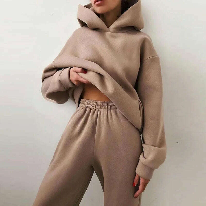 Women Hooded Tracksuit Sports 2 Pieces Set Streetwear Sweatshirts Pullover Pants Suit Home Sweatpants Trousers Outfits 2023 - KIMLUD