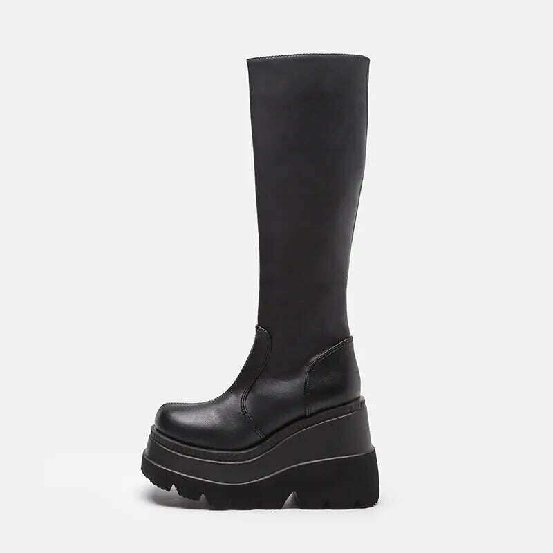 Women Knee High Boots Women's Zip Leather Buckle High Boots Woman Low Heels Ladies Buckle Belt Female Shoes Gothic Shoes - KIMLUD