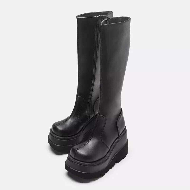 Women Knee High Boots Women's Zip Leather Buckle High Boots Woman Low Heels Ladies Buckle Belt Female Shoes Gothic Shoes - KIMLUD
