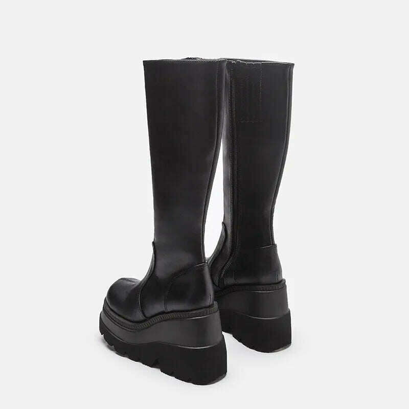 Women Knee High Boots Women's Zip Leather Buckle High Boots Woman Low Heels Ladies Buckle Belt Female Shoes Gothic Shoes - KIMLUD