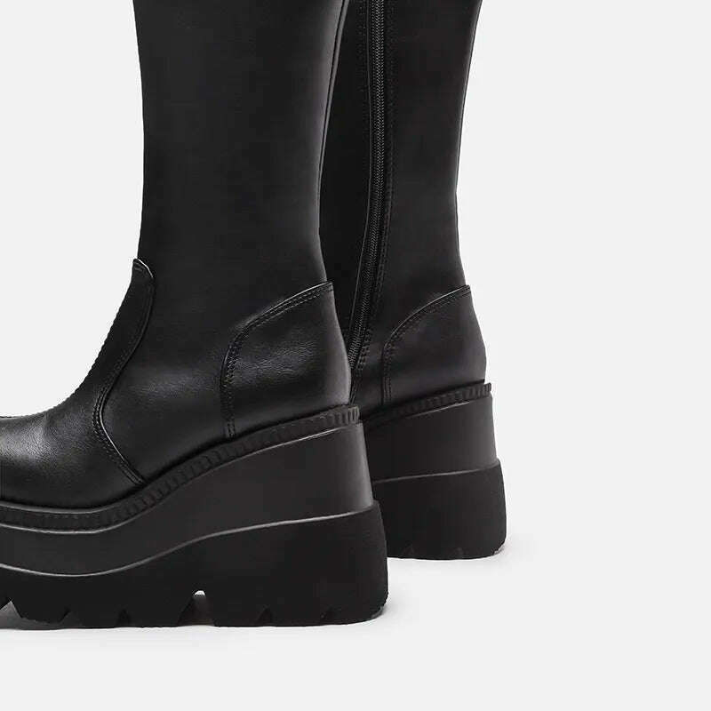 Women Knee High Boots Women's Zip Leather Buckle High Boots Woman Low Heels Ladies Buckle Belt Female Shoes Gothic Shoes - KIMLUD