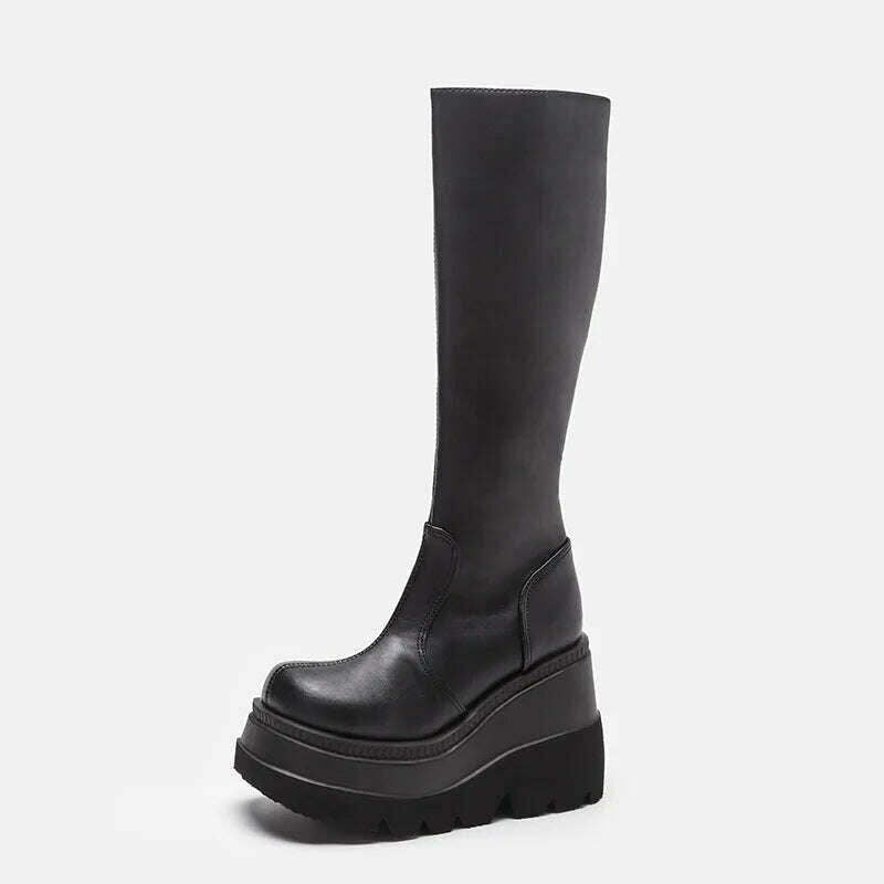 Women Knee High Boots Women's Zip Leather Buckle High Boots Woman Low Heels Ladies Buckle Belt Female Shoes Gothic Shoes - KIMLUD