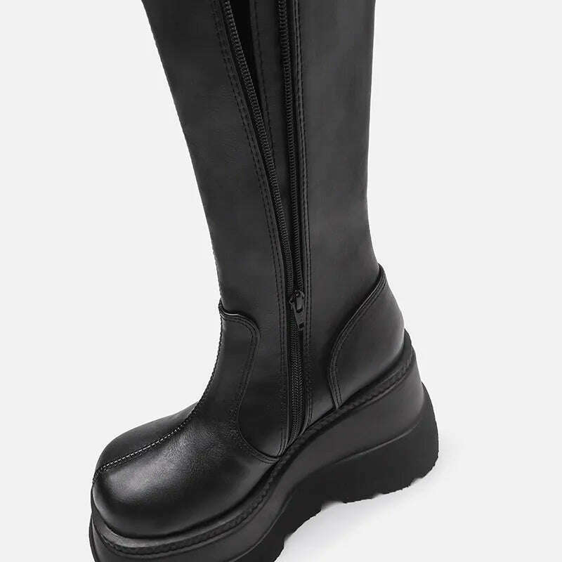 Women Knee High Boots Women's Zip Leather Buckle High Boots Woman Low Heels Ladies Buckle Belt Female Shoes Gothic Shoes - KIMLUD