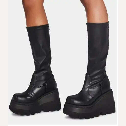 Women Knee High Boots Women's Zip Leather Buckle High Boots Woman Low Heels Ladies Buckle Belt Female Shoes Gothic Shoes - KIMLUD