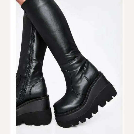 Women Knee High Boots Women's Zip Leather Buckle High Boots Woman Low Heels Ladies Buckle Belt Female Shoes Gothic Shoes - KIMLUD