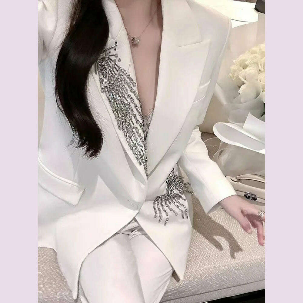 KIMLUD, Women Ladies Blazer Luxury Rhinestone Office Business Formal Wedding Exquisite Elegant Suit Jacket Single Top, 1pcs suit-White / US size 2, KIMLUD APPAREL - Womens Clothes