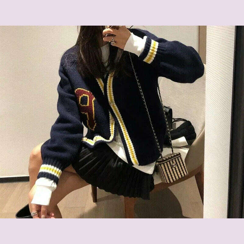 KIMLUD, Women Letter Printed Cardigan Sweater Coat Button Casual Loose Long Sleeve Sweater Coat Women Thicken Fall Winter Warm Knit Coat, KIMLUD Womens Clothes