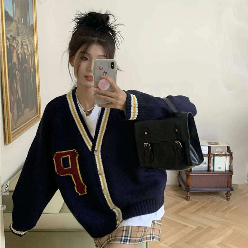 KIMLUD, Women Letter Printed Cardigan Sweater Coat Button Casual Loose Long Sleeve Sweater Coat Women Thicken Fall Winter Warm Knit Coat, NAVY / One Size, KIMLUD APPAREL - Womens Clothes