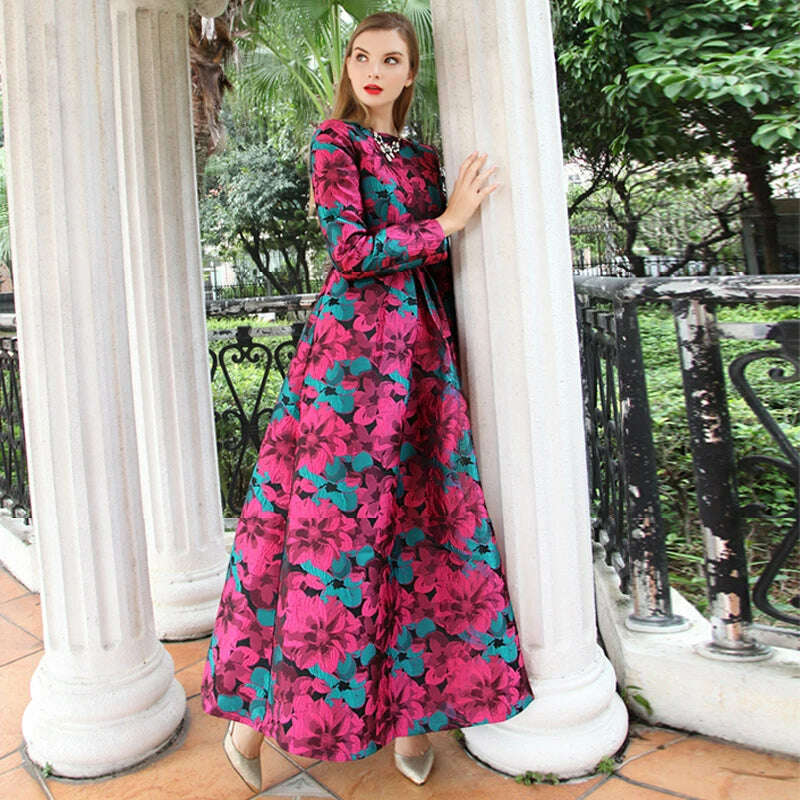 Women Long Sleeve Long Maxi Autumn Winter Dress Elegant Boho Fashion Good QualityFloral Jacquard Vintage Dress - KIMLUD