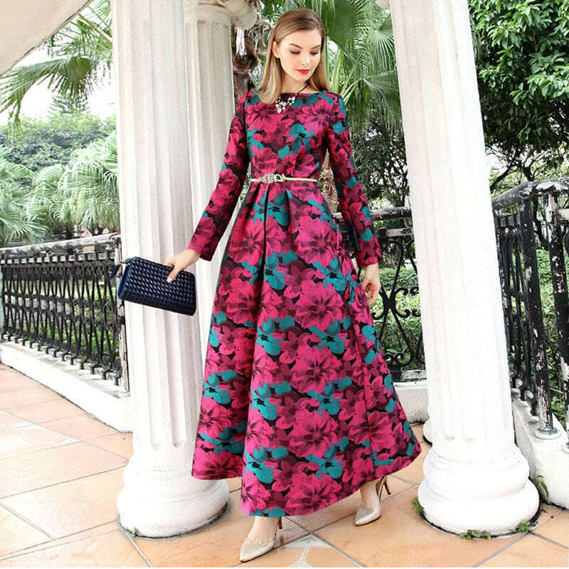 Women Long Sleeve Long Maxi Autumn Winter Dress Elegant Boho Fashion Good QualityFloral Jacquard Vintage Dress - KIMLUD