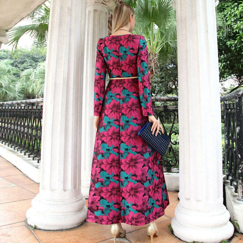 Women Long Sleeve Long Maxi Autumn Winter Dress Elegant Boho Fashion Good QualityFloral Jacquard Vintage Dress - KIMLUD