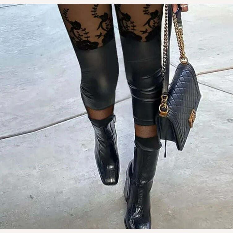 Women Mesh&Pu Leather Patch High Waist Zipper Pants Skinny Spring&Autumn Black Pencil Pants - KIMLUD