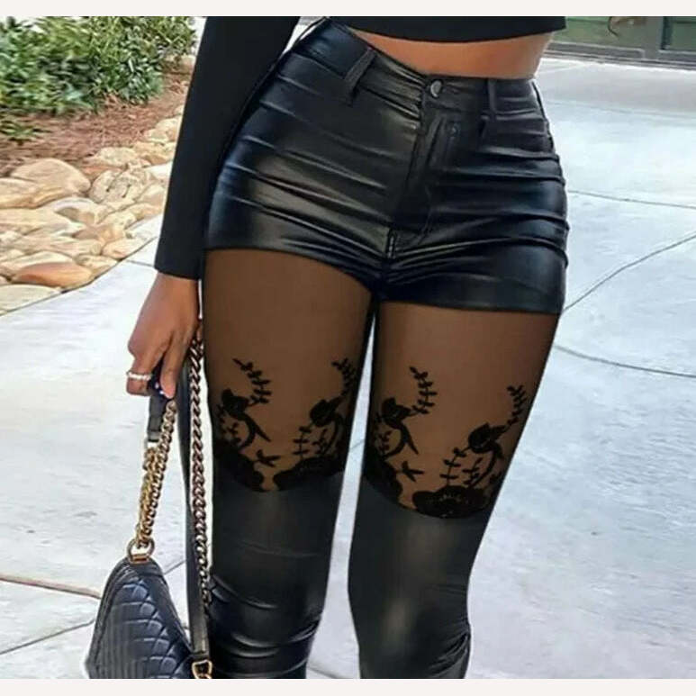 Women Mesh&Pu Leather Patch High Waist Zipper Pants Skinny Spring&Autumn Black Pencil Pants - KIMLUD