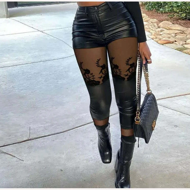 Women Mesh&Pu Leather Patch High Waist Zipper Pants Skinny Spring&Autumn Black Pencil Pants - KIMLUD