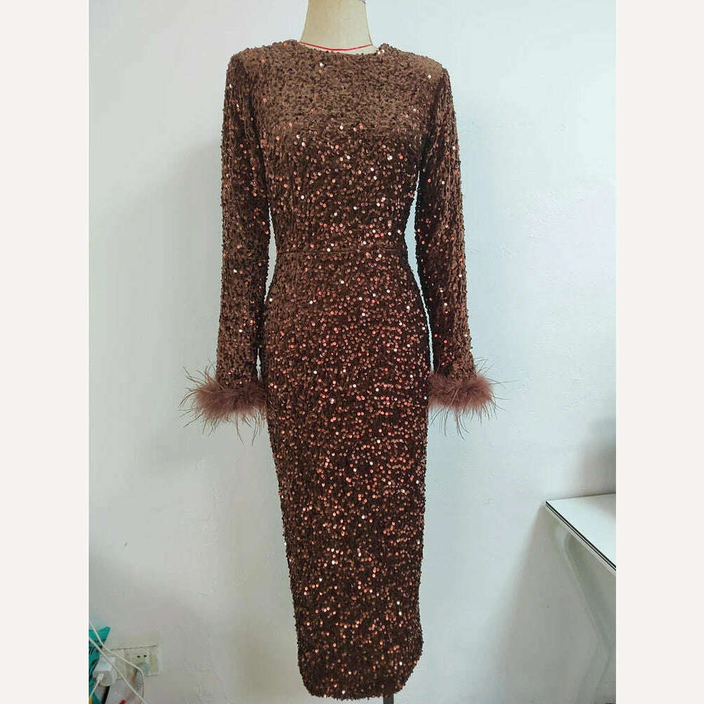 Women O Neck Long Sleeve Luxury Sequin Feather Bodycon Dress Elegant Feather Long Sleeve Skinny Dress Celebrity Evening Party - KIMLUD
