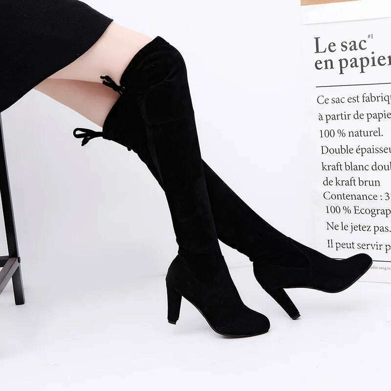 Women Over The Knee Boots Suede Sexy High Heels Lace Up Long Boots Autumn Winter Warm Female Shoes Slim Thigh High Boots Party - KIMLUD