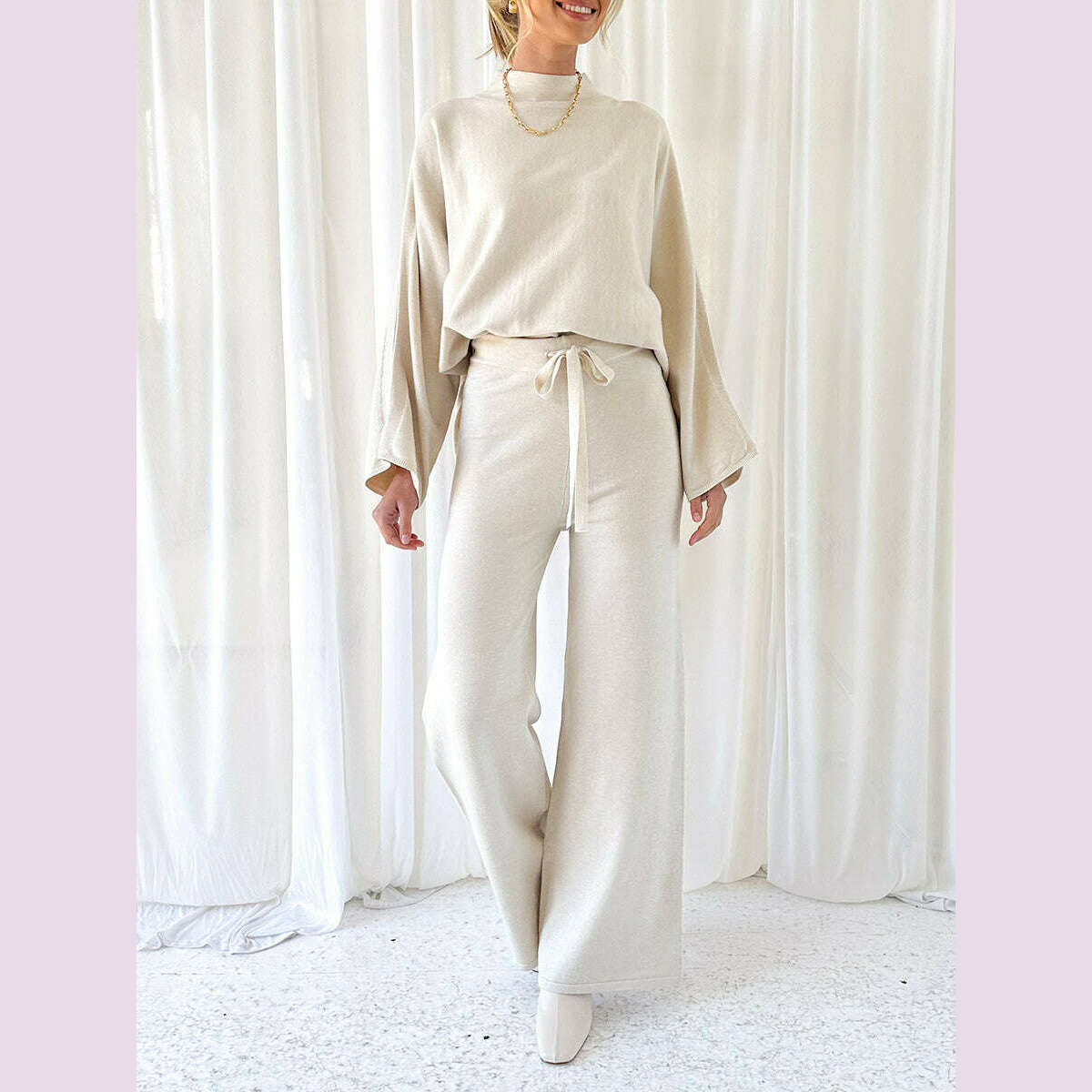 Women Pants Suit Elegant Long Sleeve Semi-high Collar Sweater with Wide Leg Pants Fall Outfit - KIMLUD