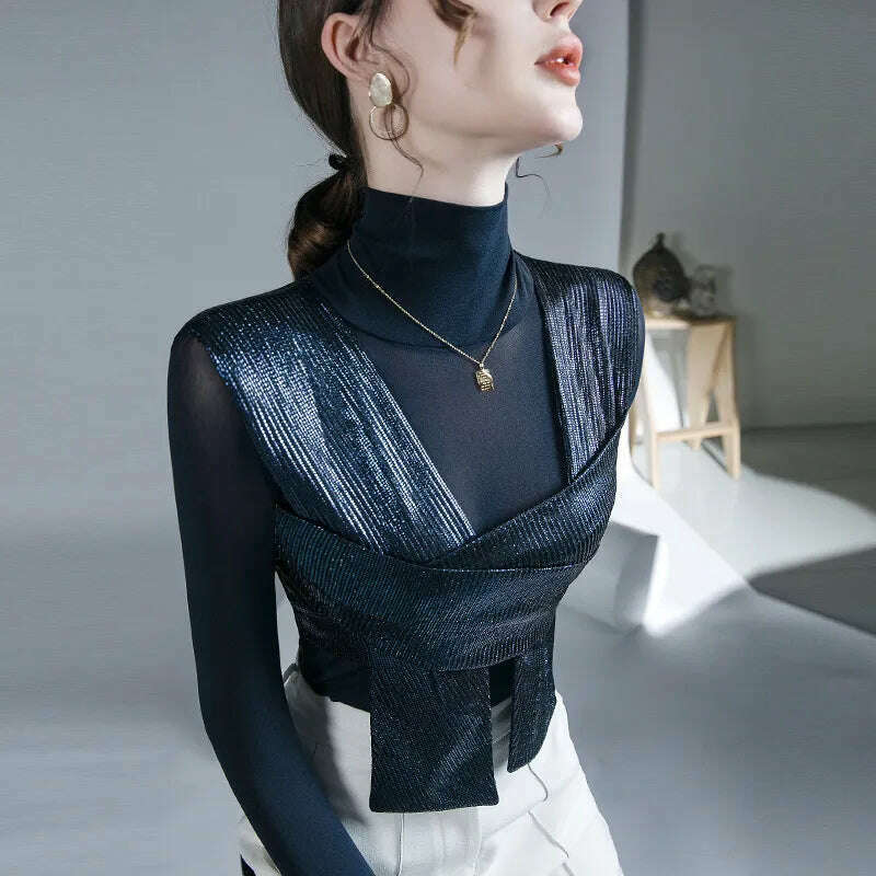 Women Patched Fashion Mesh T Shirts Lady High Stretch Turtleneck Tshirt Woman Autumn Chic Top Tee - KIMLUD