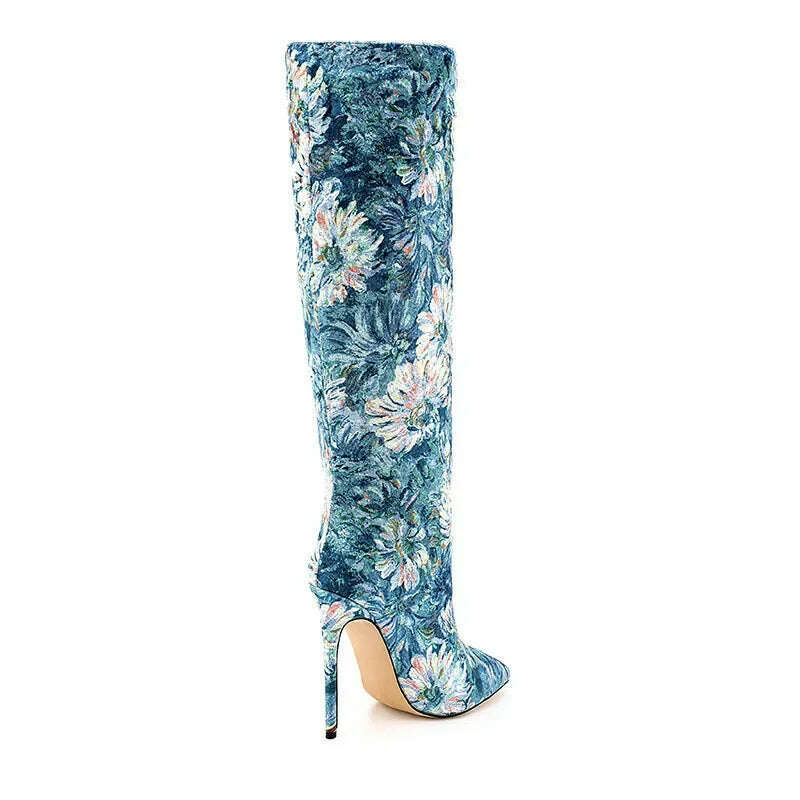 KIMLUD, Women Pointed Toe Long Boots Fashion Print High Heels Slip On Mature Ladies Shoes Brand Design New Blue Flower Luxury Booties, KIMLUD Womens Clothes