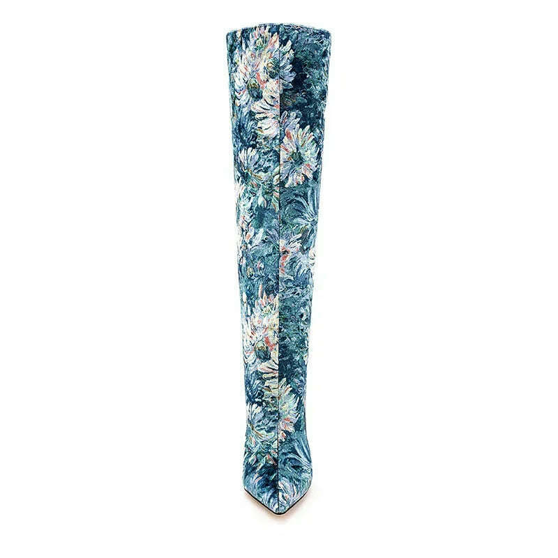 KIMLUD, Women Pointed Toe Long Boots Fashion Print High Heels Slip On Mature Ladies Shoes Brand Design New Blue Flower Luxury Booties, KIMLUD Womens Clothes