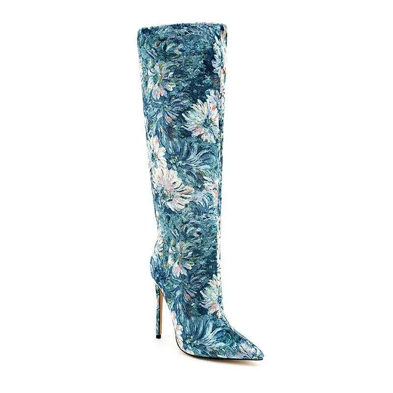 KIMLUD, Women Pointed Toe Long Boots Fashion Print High Heels Slip On Mature Ladies Shoes Brand Design New Blue Flower Luxury Booties, KIMLUD Womens Clothes