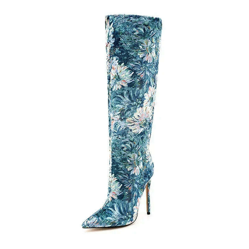 KIMLUD, Women Pointed Toe Long Boots Fashion Print High Heels Slip On Mature Ladies Shoes Brand Design New Blue Flower Luxury Booties, as show / 39, KIMLUD APPAREL - Womens Clothes