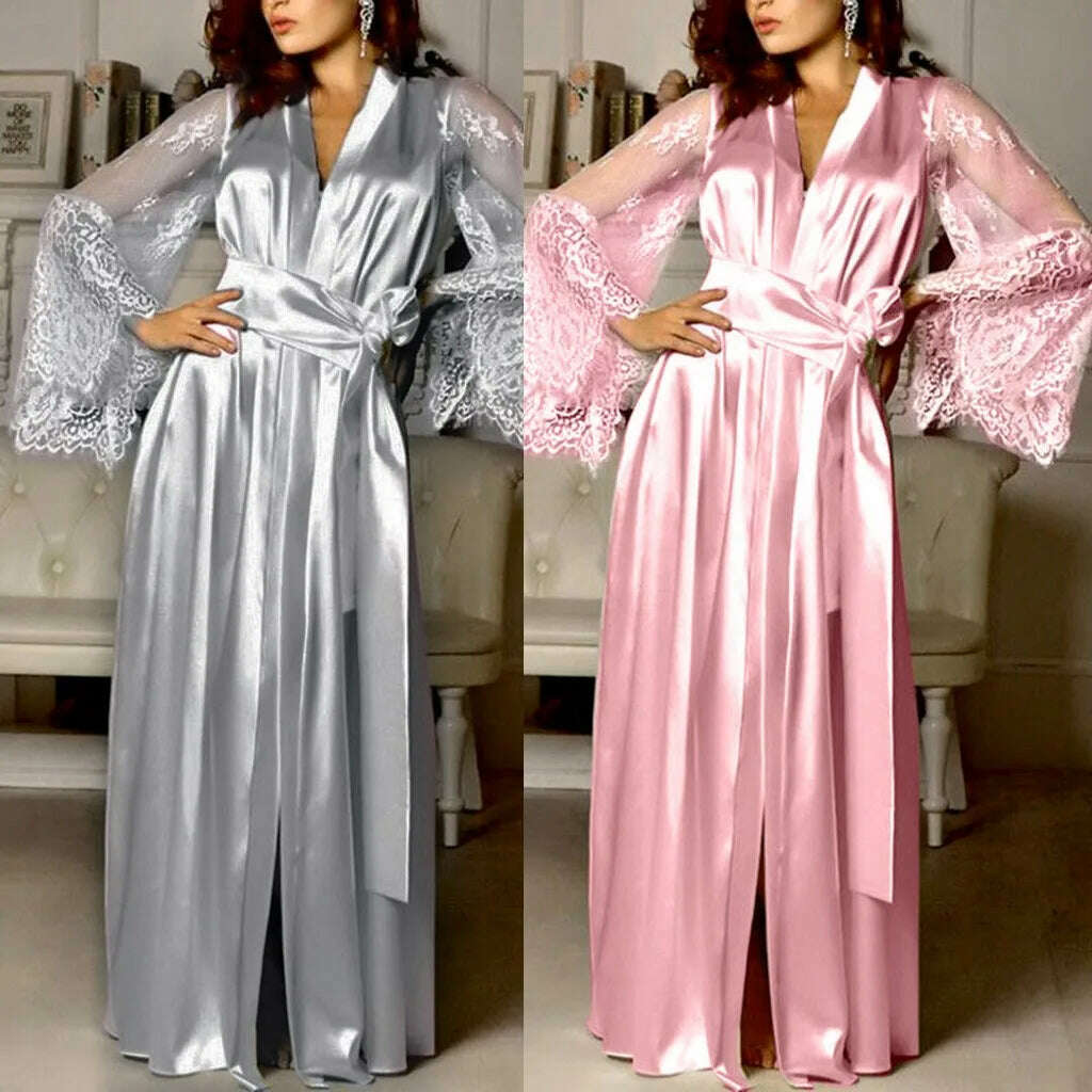 Women Satin Splicing Embroidery Long Nightgown Silk Lingerie Nightdress Sleepwear Sexy Robe Night Dress Women ночнушка женская - KIMLUD
