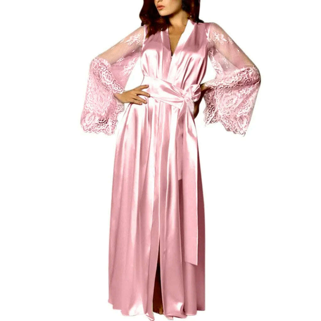 Women Satin Splicing Embroidery Long Nightgown Silk Lingerie Nightdress Sleepwear Sexy Robe Night Dress Women ночнушка женская - KIMLUD