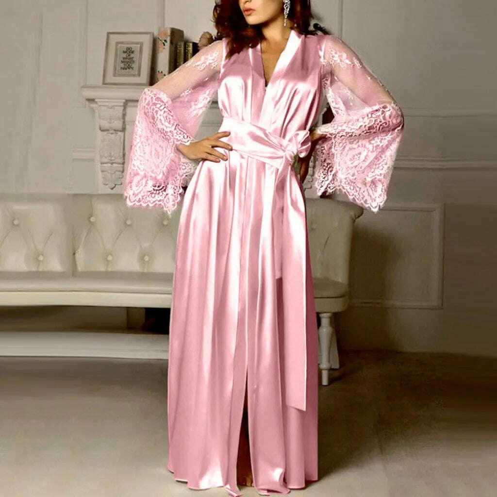 Women Satin Splicing Embroidery Long Nightgown Silk Lingerie Nightdress Sleepwear Sexy Robe Night Dress Women ночнушка женская - KIMLUD
