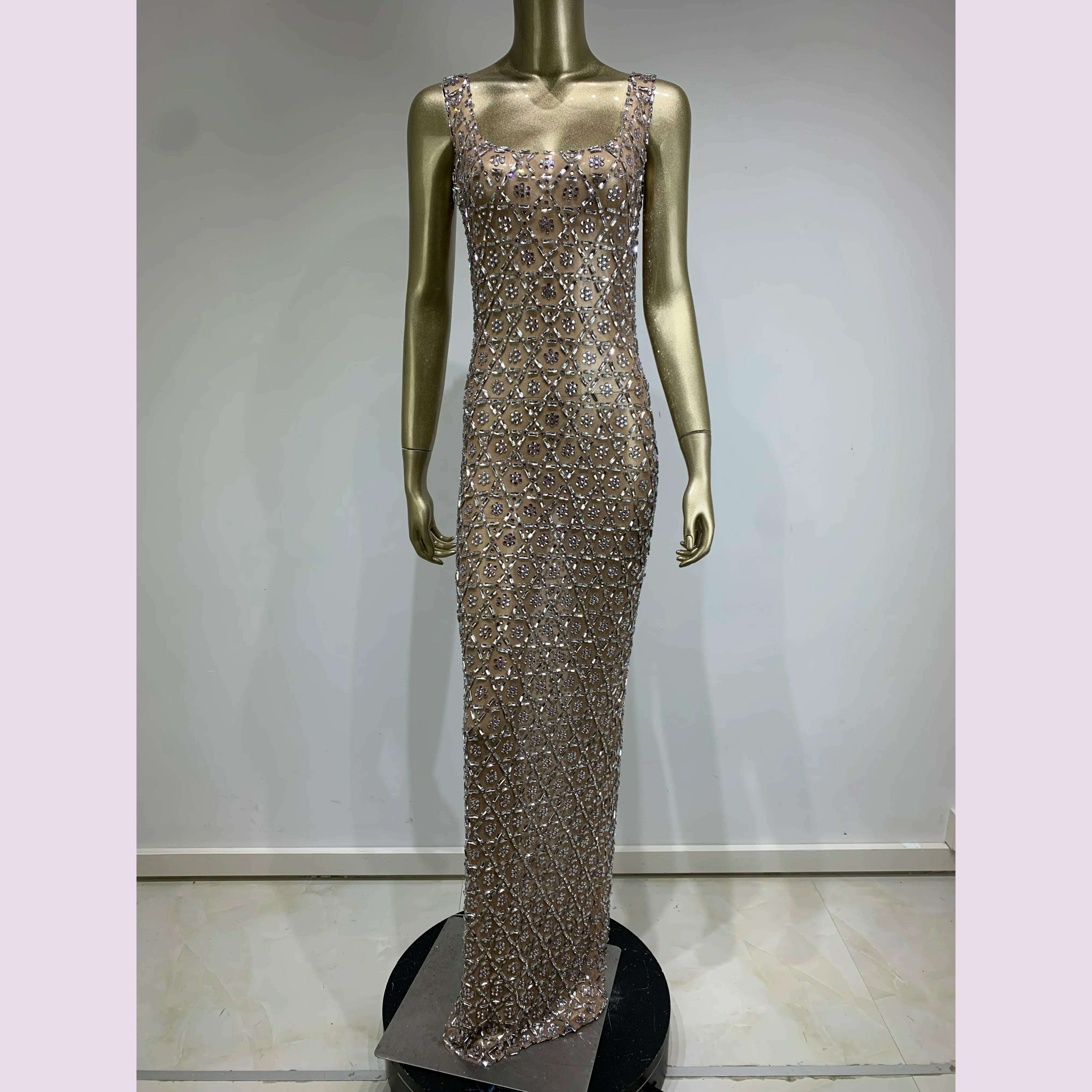 KIMLUD, Women Sexy Mesh Transparent Crystal Diamonds Long Maxi Dress Birthday Party Costume Bar Nightclub Singer Stage Performance Dress, KIMLUD Womens Clothes