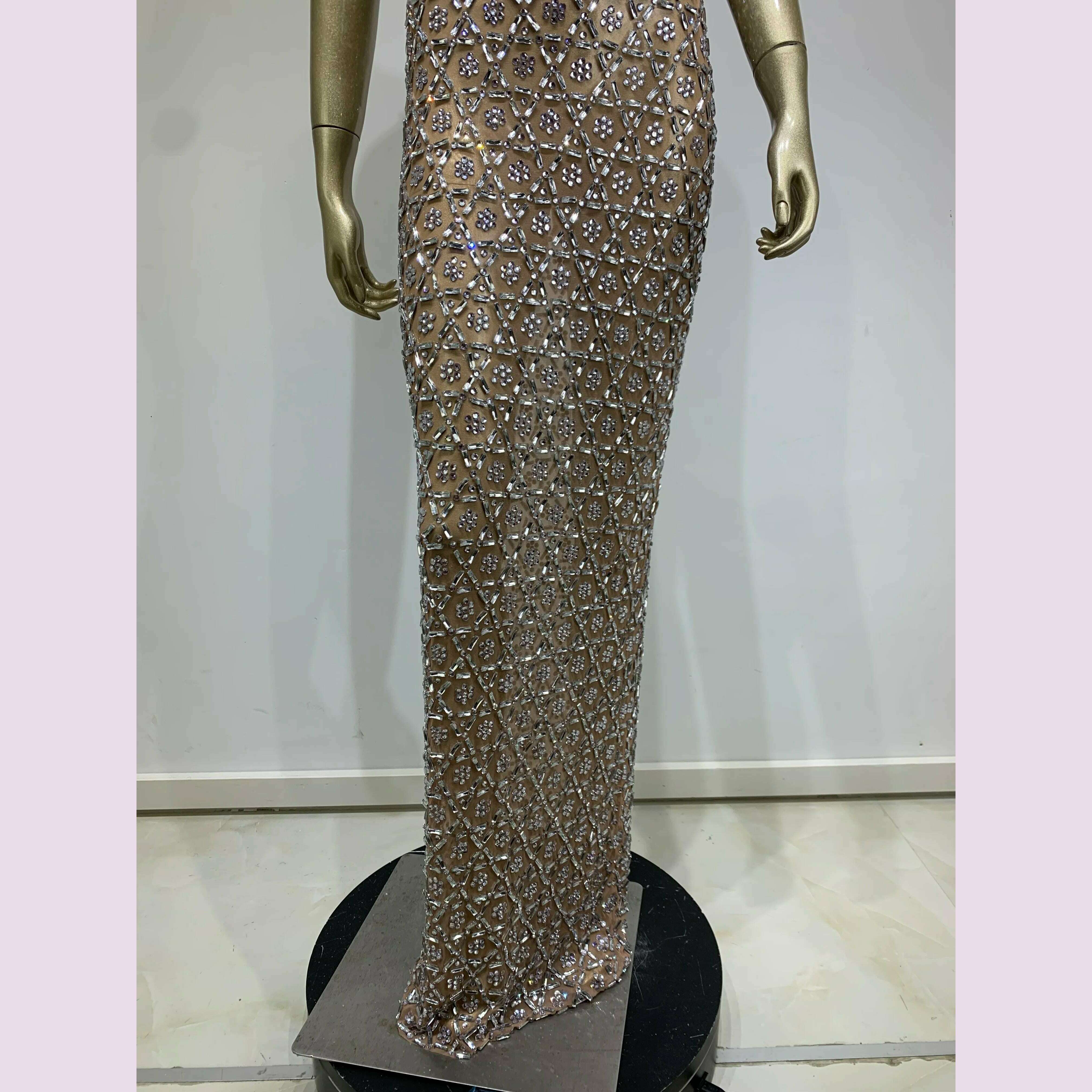 KIMLUD, Women Sexy Mesh Transparent Crystal Diamonds Long Maxi Dress Birthday Party Costume Bar Nightclub Singer Stage Performance Dress, KIMLUD Womens Clothes