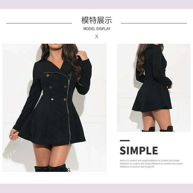 Women Short Trench Sexy Slim Zipper Double Breasted Spring Thin Jackets Black Solid Lapel Elegant Midi Dress - KIMLUD