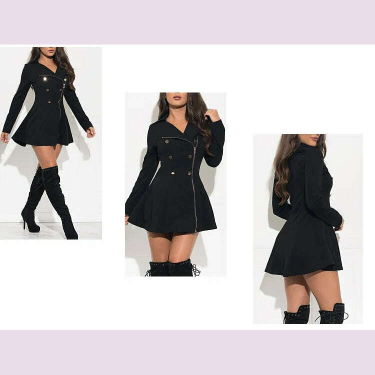 Women Short Trench Sexy Slim Zipper Double Breasted Spring Thin Jackets Black Solid Lapel Elegant Midi Dress - KIMLUD