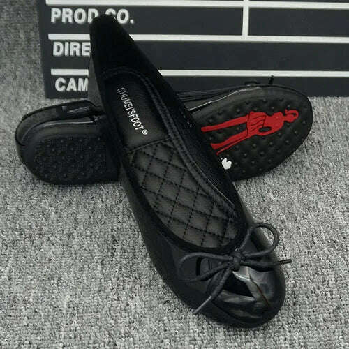 Women Slip on Flat Shoes Round Toe Shallow Butterfly-Knot Ballerina Loafers Patent Leather Lady Ballet - KIMLUD