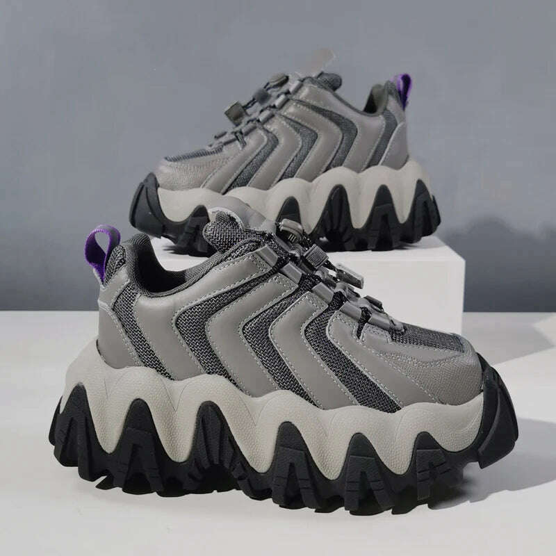 Women Sneakers Lace-Up Genuine Leather Flat Platform Thick Bottom Women Shoes Height Increasing Casual Retro Zapatillas Mujer - KIMLUD