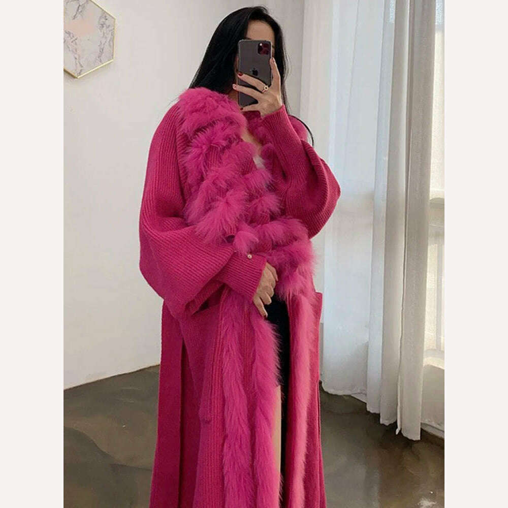 Women Special Autumn Real Fox Fur Knitting OverSize Coat Fox Fur Collar Lady's Fashion Spring Long Sweater Length 110cm - KIMLUD