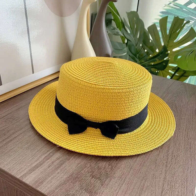 women straw hat Flat Top Straw Hat Vacation Casual Shopping Beach Hats for Woman Hats for girls Church Courtesy Panama Sun Hat - KIMLUD