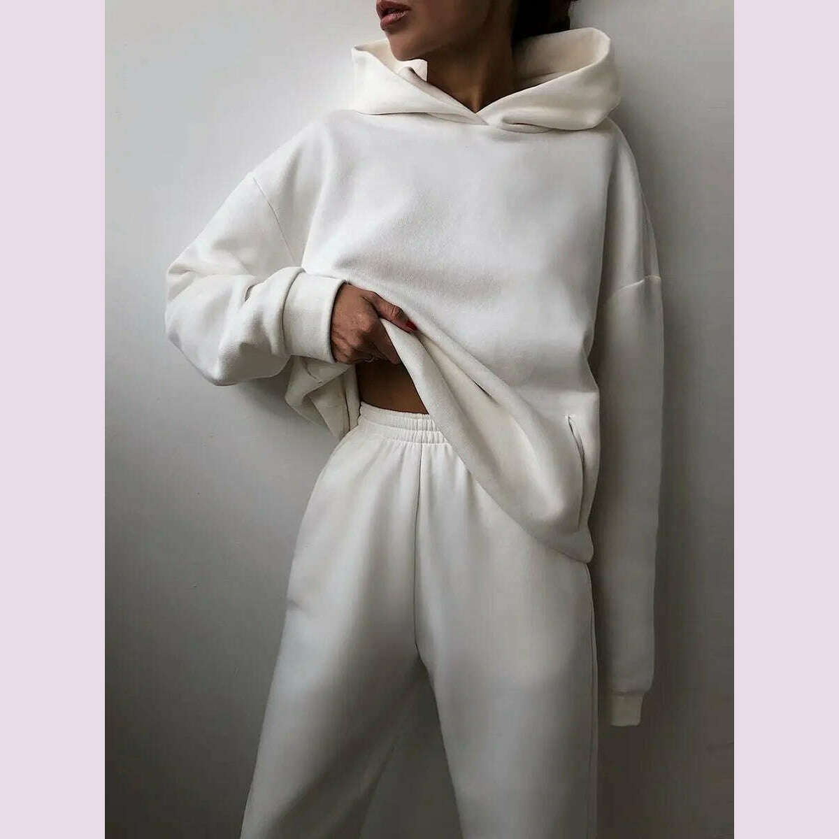 Women Tracksuit Hoodies Casual Solid Long Sleeve Fleece Warm Hooded Sportswear Suit Hoody Pullovers Long Pant Two Pieces Sets - KIMLUD