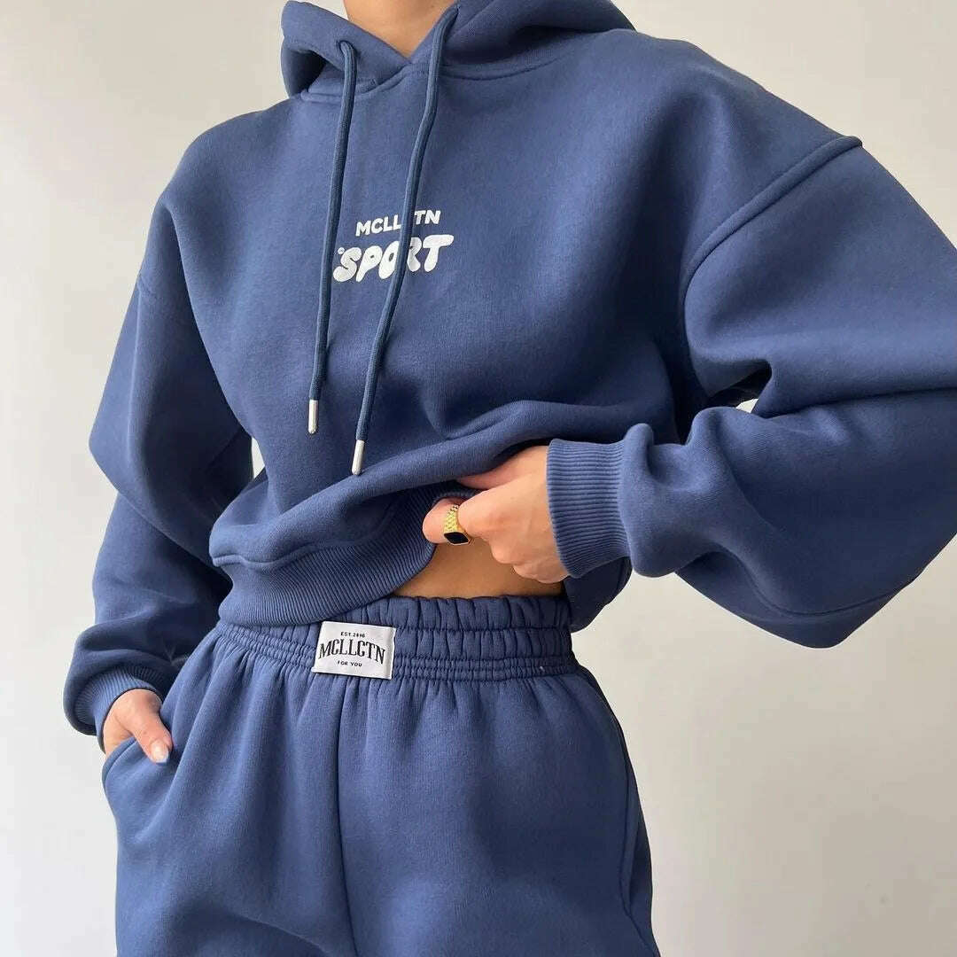 Women Tracksuit Solid Long Sleeve Letter Print Hoodie 2024 Fall Casual Loose Hooded Sets Warm Suit Trousers Two Piece Pants Sets - KIMLUD