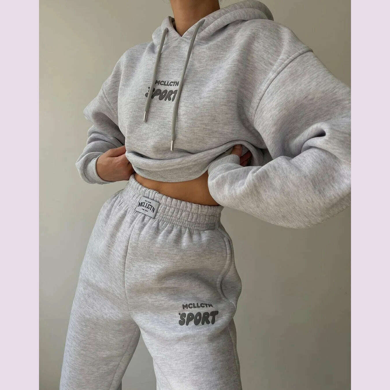 Women Tracksuit Solid Long Sleeve Letter Print Hoodie 2024 Fall Casual Loose Hooded Sets Warm Suit Trousers Two Piece Pants Sets - KIMLUD