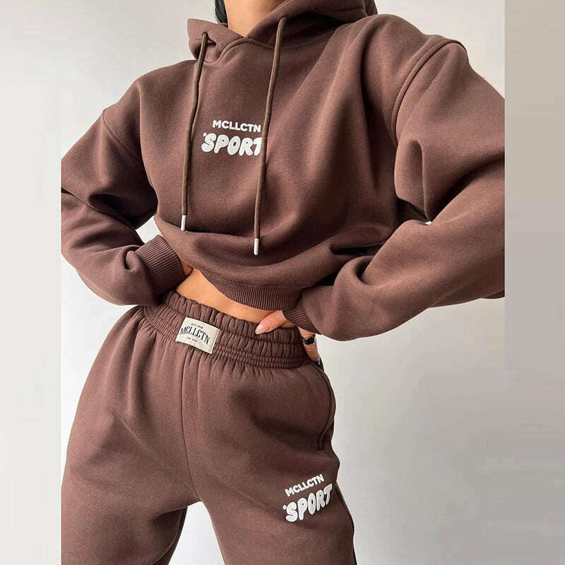 Women Tracksuit Solid Long Sleeve Letter Print Hoodie 2024 Fall Casual Loose Hooded Sets Warm Suit Trousers Two Piece Pants Sets - KIMLUD