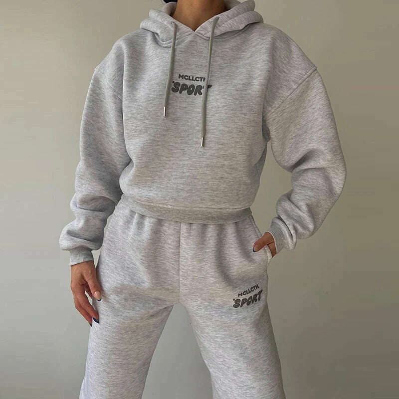 Women Tracksuit Solid Long Sleeve Letter Print Hoodie 2024 Fall Casual Loose Hooded Sets Warm Suit Trousers Two Piece Pants Sets - KIMLUD