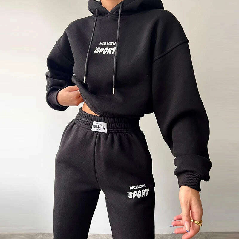 Women Tracksuit Solid Long Sleeve Letter Print Hoodie 2024 Fall Casual Loose Hooded Sets Warm Suit Trousers Two Piece Pants Sets - KIMLUD
