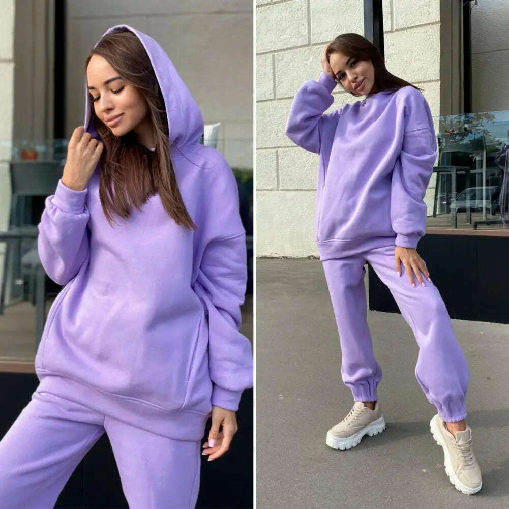 Women Two Piece Sets Tracksuit Hooded Sweatshirt Tops Sweatpants Pants Set Female Spring Autumn Long Sleeve Pullover Sports Set - KIMLUD