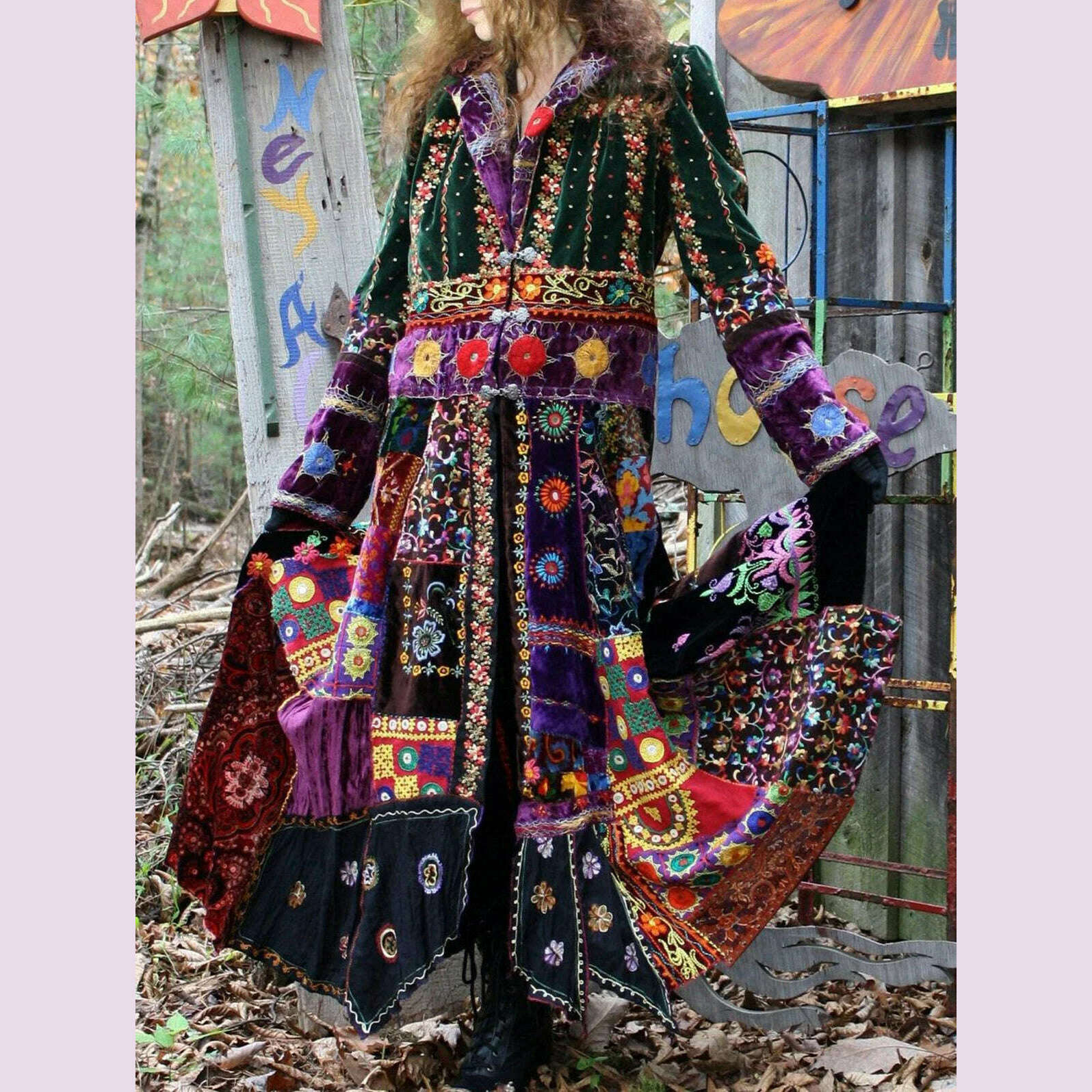 KIMLUD, Women Velvet Dress Floral Printed Pleated Dress Turn Down Collar American Retro Casual Long Sleeve Patchwork Outerwear Dress, KIMLUD Womens Clothes