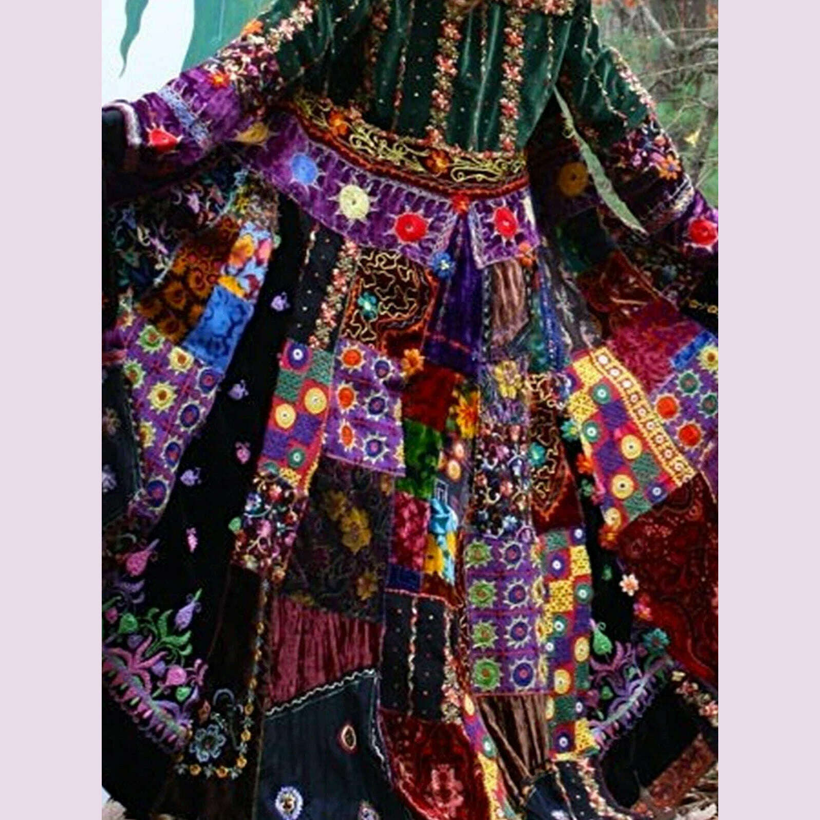 KIMLUD, Women Velvet Dress Floral Printed Pleated Dress Turn Down Collar American Retro Casual Long Sleeve Patchwork Outerwear Dress, KIMLUD Womens Clothes