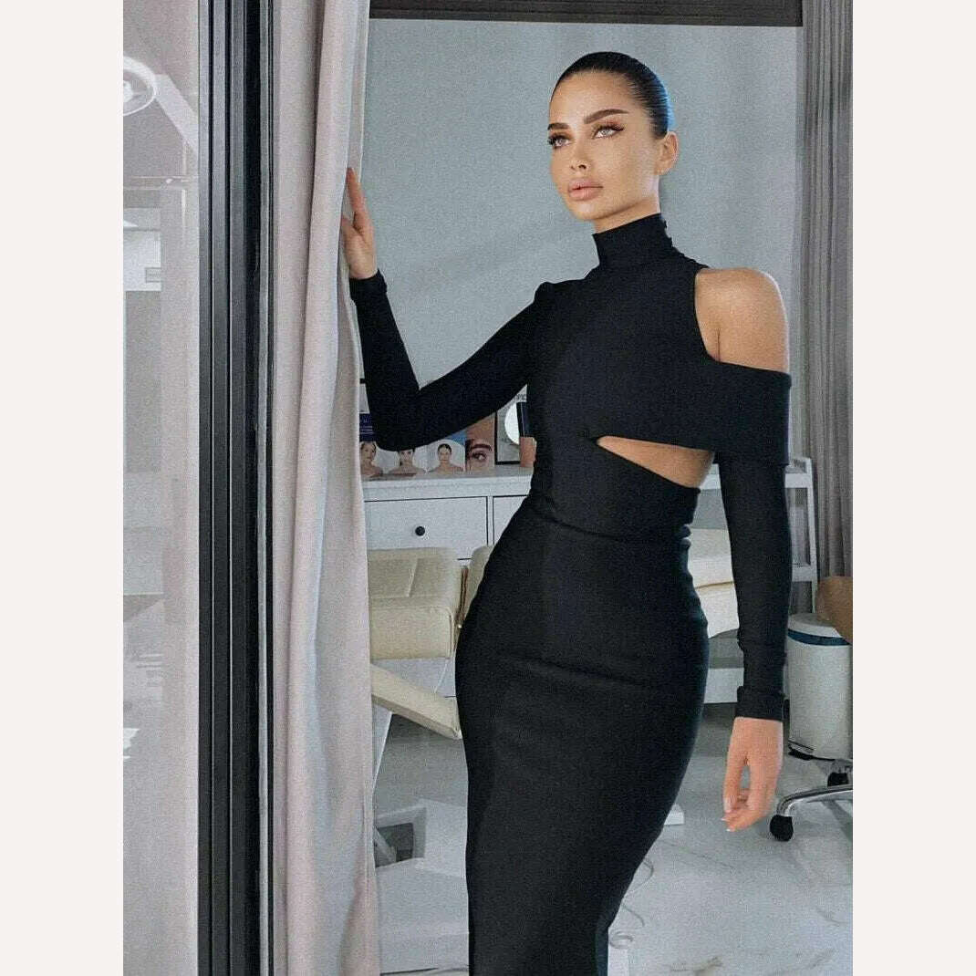 Women's New Slim Elegant Wrap Long Sleeve Hollow Out Sexy Casual High Split High Street Party Club Mid-Calf Dress - KIMLUD