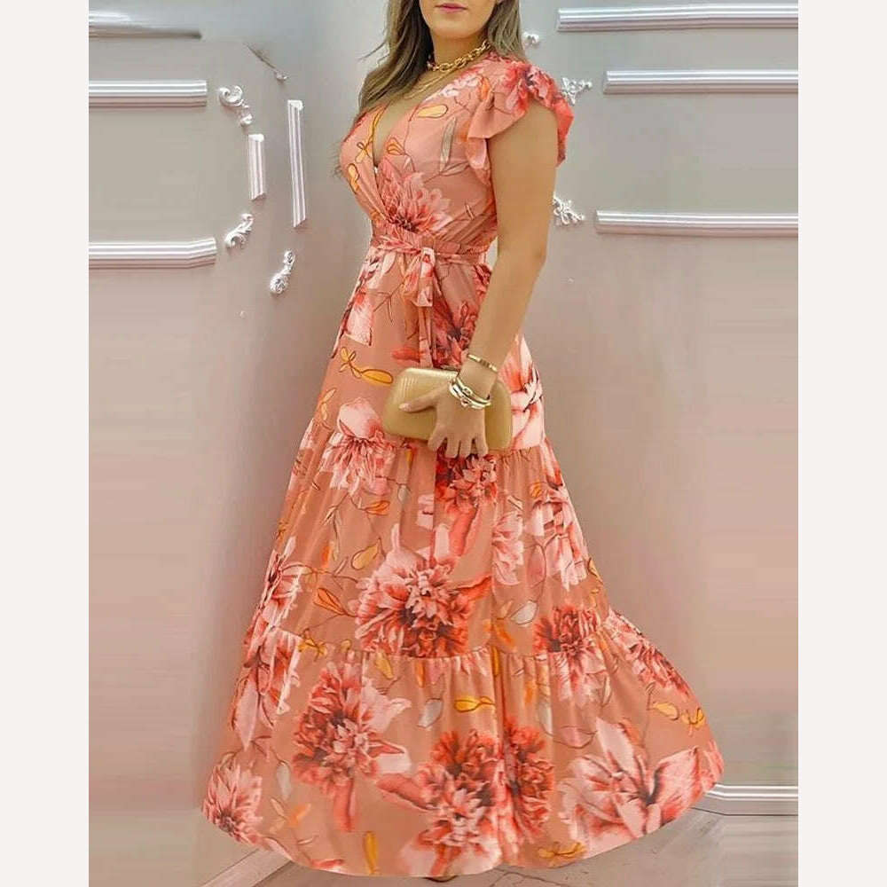 Women's V-neck Ruffle Sleeve Floral Print Chiffon Slim Long Dress - KIMLUD
